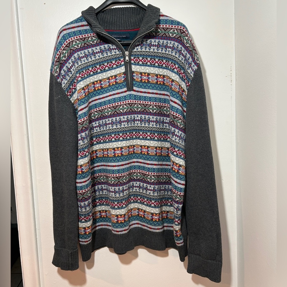 Tommy Hilfiger Cotton Men's Colorful Pattern Zip-Up Sweater Size XL